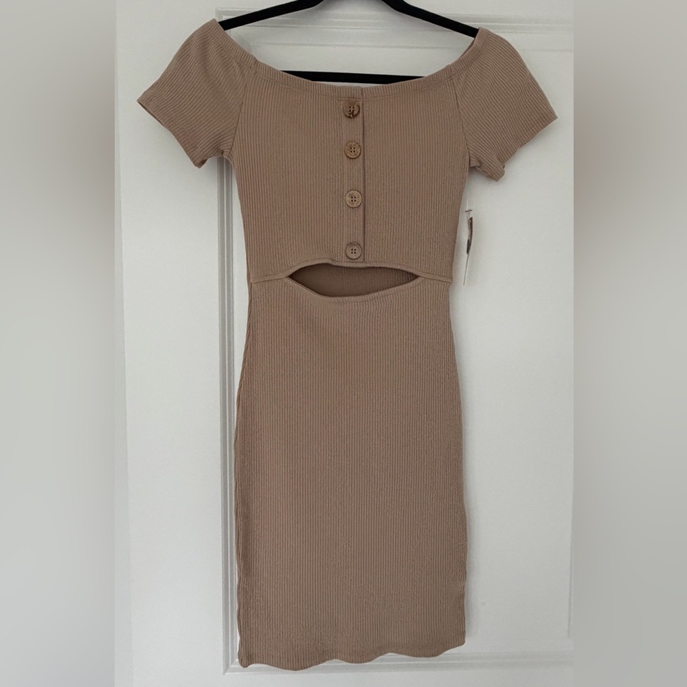 Elegant Tan Off-Shoulder Dress